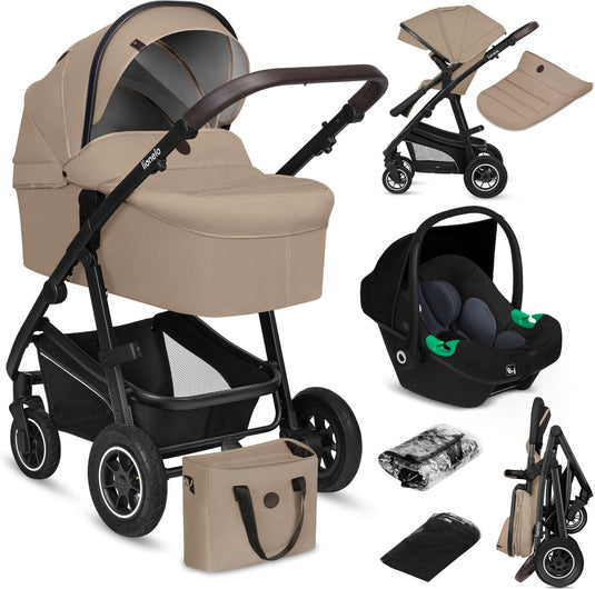 Lionelo bianka kinderwagen 3 in 1 - reiswieg + wandelwagen + autostoel - grote luchtbanden, volledige vering - inklapbaar - verstelbare duwstang - buggy omkeerbare zitting - 0-22kg - accessoireset - beige