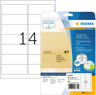 Herma special - selbstklebende adressetiketten (matt) - durchsichtig - 99,1 x 38,1 mm 350 etikett(en) (25 bogen x 14) (8671)
