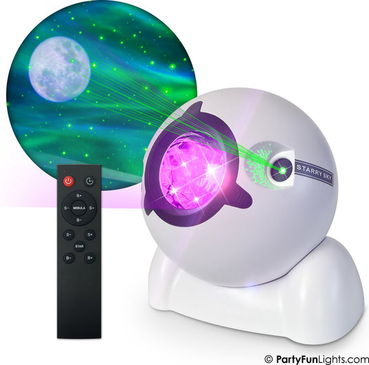 Partyfunlights - noorderlicht, maan en sterren projector lamp - werkt op usb - incl. usb kabel - incl. afstandsbediening - wit