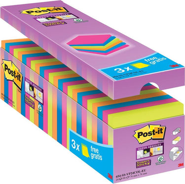 Post-it value pack: ® super sticky notes -neon oranje, neon groen, fuchsia, mediterraan blauw, 76mm x 76 mm, 21 blokken + 3 gratis