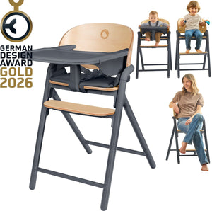 Lionelo celia 3-in-1 houten kinderstoel – van baby tot volwassene – verstelbare zitting voetsteun – 5-punts gordel – eco-leer bekleding – inclusief babyset eetblad – draagvermogen tot 110 kg