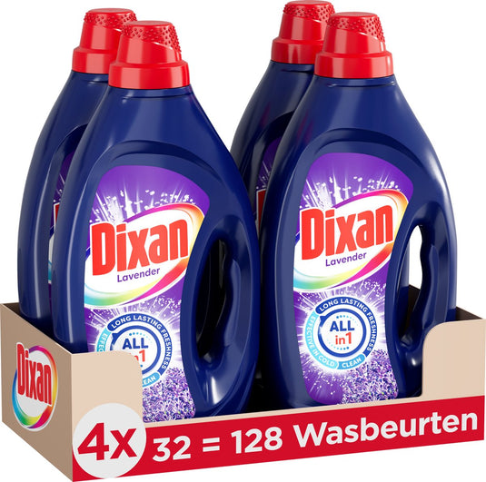 Dixan gel fresh lavender - vloeibaar wasmiddel - voor alle kleuren was - intense geur - 4 x 32 wasbeurten - voordeelverpakking