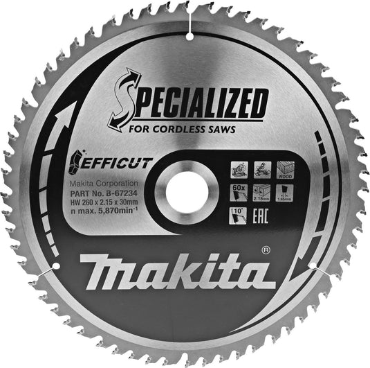 Makita afkortzaagblad voor hout | efficut | ø 260mm asgat 30mm 60t - b-67234