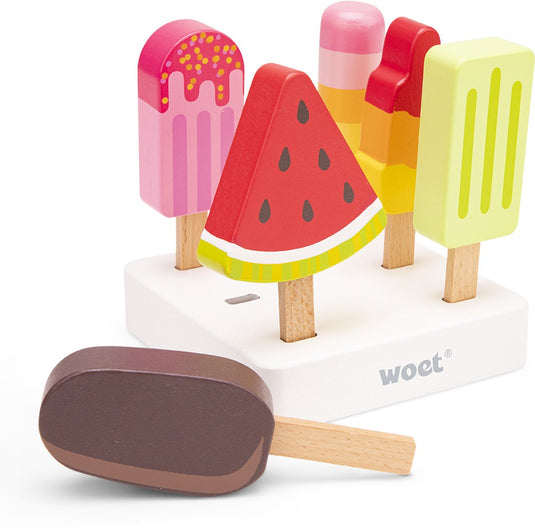 Woet ® houten ijsjes speelgoed - 6-delige kleurrijke ijsjes met standaard - speelgoedeten - rollenspel keukenspeelgoed ijskraam - vanaf 2 jaar