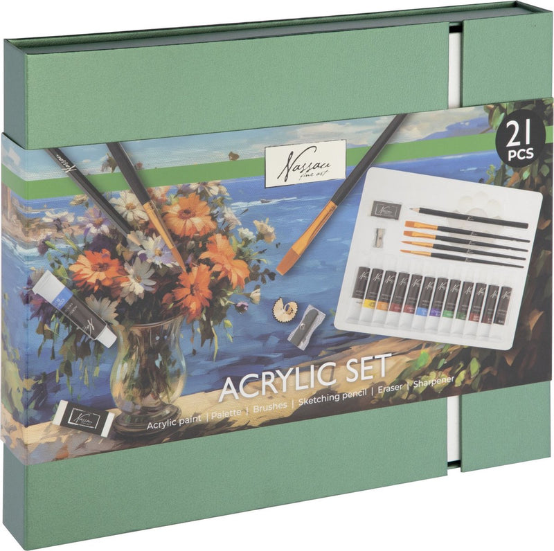Afbeelding laden in galerijviewer, Nassau fine art schilderen starterset acrylverf 21pcs - hobbyverf met penselen - acrylverf tubes - giftset
