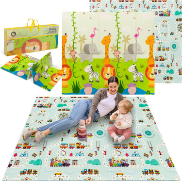 Lionelo robby - babygym 2-in-1 speelkleed - dubbelzijdig educatieve mat 180 x 200 cm - 5 speelgoed accessoires - zachte, waterdichte hypoallergene mat - perfect voor binnen buiten - makkelijk op te vouwen en opslaan