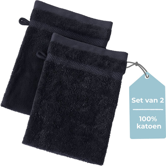 Hush. living hush living - washand 100% katoen - set van 2 - zware kwaliteit 500g m2 - stijlvol boord en ophanglus- 16x22cm - zwart
