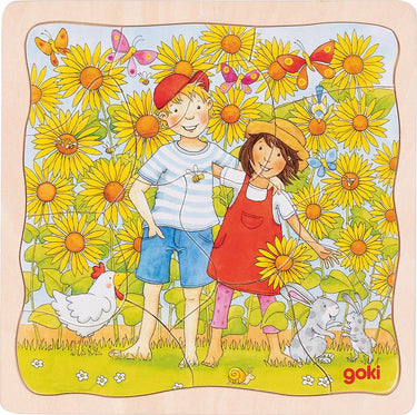 Goki puzzel - zonnebloemveld - 35 stukjes - 3 lagen - 20x20x1,1cm - hout - 3+