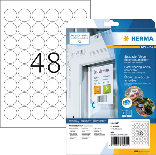 Herma hardwearing labels round 30mm 20sh. din a4 wh 960pc. 4571