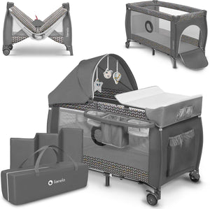Lionelo sven plus 2in1 meegroeibed campingbedje - 127x60 cm - tot 15 kg - co-sleeper - reisbed met commode, organizer, klamboe en interactief speelgoed