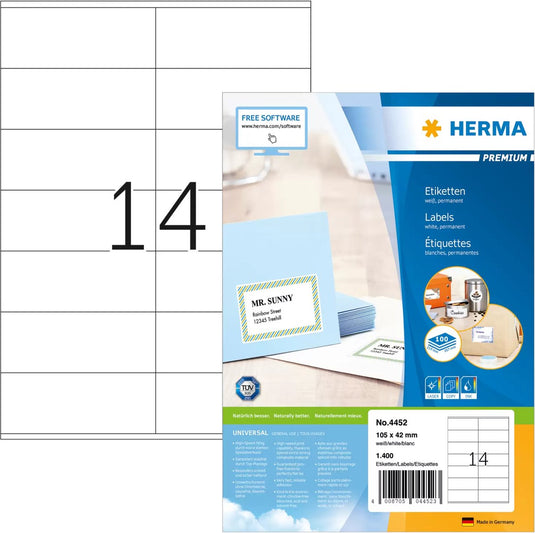 Merkloos sans marque herma etiketten premium a4 wit 105x42 mm papier 1400 st.