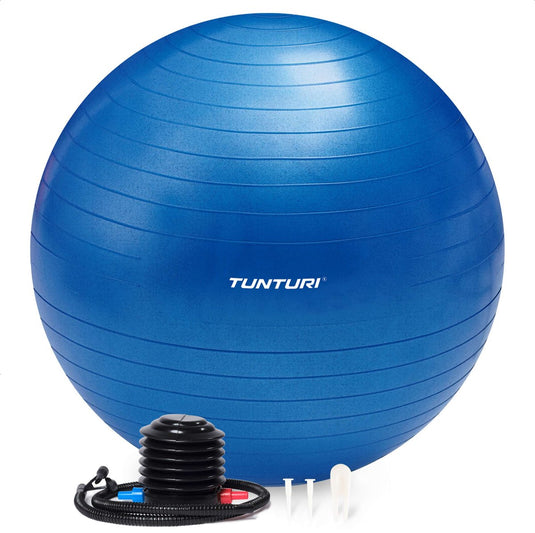 Tunturi anti burst fitness bal met pomp - yoga bal 90 cm - pilates bal - zwangerschapsbal – 220 kg gebruikersgewicht - incl trainingsapp – blauw