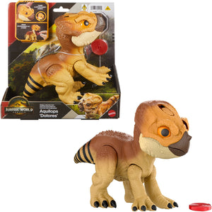 Mattel jurassic world rebirth beschermdier aquilops 'dolores', interactief dinosaurusspeelgoed met aanvalsactie en geluiden, elektronisch figuur in dierenvriendjesstijl, met voedselaccessoire