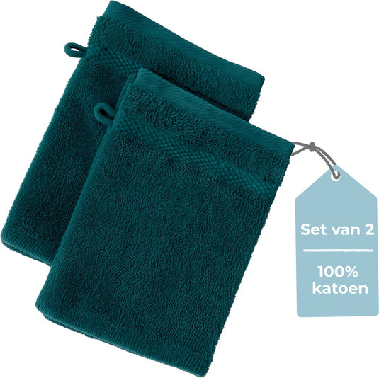 Hush. living hush living - washand 100% katoen - set van 2 - zware kwaliteit 500g m2 - stijlvol boord en ophanglus- 16x22cm - donkergroen
