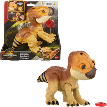 Mattel jurassic world rebirth beschermdier aquilops 'dolores', interactief dinosaurusspeelgoed met aanvalsactie en geluiden, elektronisch figuur in dierenvriendjesstijl, met voedselaccessoire