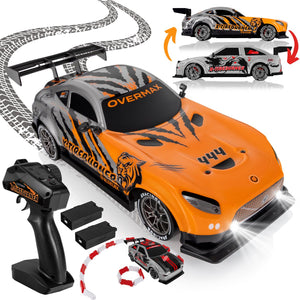 Overmax x-tireburner bestuurbare auto – drift race – 20 km h – 2 carrosserieën - 2 snelheidsstanden – 2 batterijen – 40 min speeltijd – 2 wielensets – led verlichting – obstakelset – gecodeerde besturing – rc auto