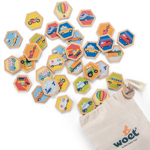 Woet ® houten memory spel met voertuigen - geheugenspel voor kinderen - fsc - inclusief opbergzak - educatief speelgoed - vanaf 2 jaar