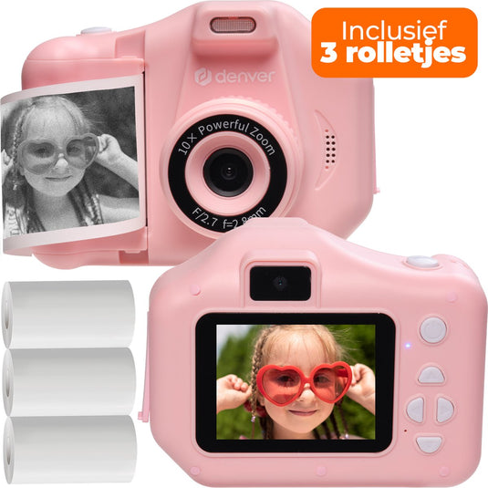 Denver kindercamera full hd met printer - selfie camera - 48mp - digitale camera kinderen - foto en video - spelletjes - kpc1370 - roze