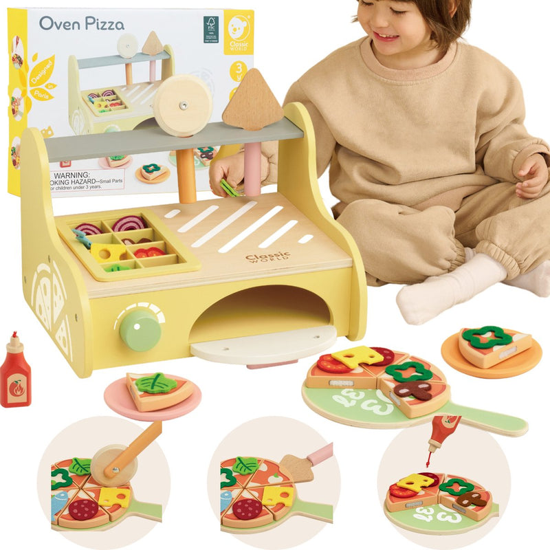 ギャラリービューアに画像をロードする, Classic world houten speelgoed pizzaoven speelset met accessoires.
