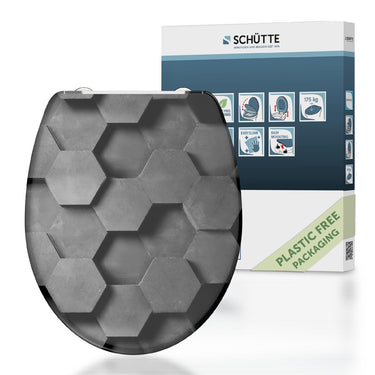 Schütte wc-bril 82392 grey hexagons - duroplast - soft close - afklikbaar - rvs-scharnieren - belastbaar tot 175 kg - decor - 3-zijdige print