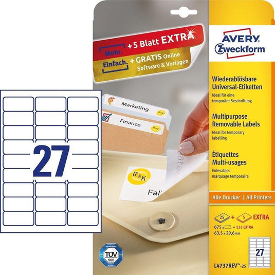 Avery etiket l4737rev-25 63.5x29.6mm afneembaar wit 675stuks