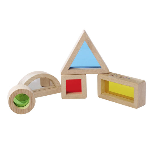 Eichhorn - bouwblokken in hout met acrylglas - montessori speelgoed - verschillende vormen en kleuren - boog met spiegel, driekhoek, rechthoek, vierkant en cirkel - oog hand coordinatie - ontwikkelingsspeelgoed - baby peuter