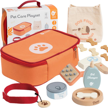 Classic world houten dieren verzorgen speelset - rollenspel speelgoed tas 16dlg.