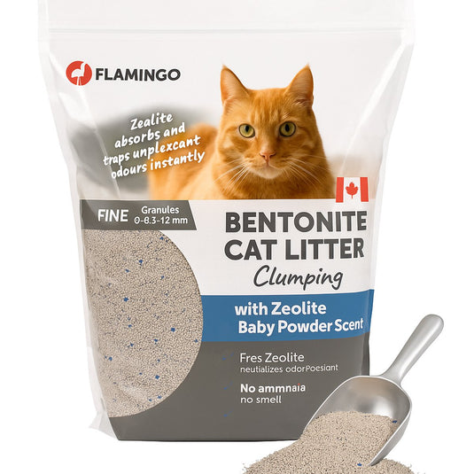 Flamingo kattenbakvulling – klontvormende kattenbakvulling – babypoedergeur – 12l (12kg) voor 10 weken – premium line - supersnelle geurabsorptie door blauwe zeoliet – met superfijne korrel – ideaal voor 1 of meerdere katten