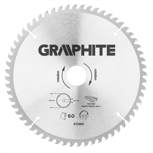 Graphite 57h681 cirkelzaagblad voor hout 216mm, asgat 30mm, tanden 60, dikte 3,2, vulringen 16 20 25, tct
