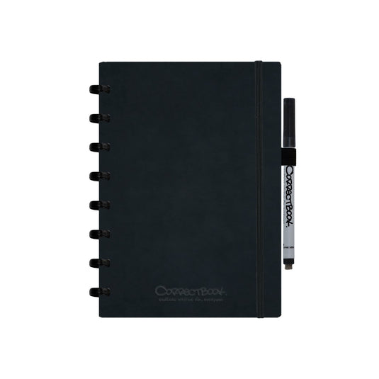 Correctbook a5 uitwisbaar notitieboek – ink black kunstleer hardcover – blanco – herbruikbaar schrift – inclusief pen wisdoekje – aanvulbaar met extra pagina’s