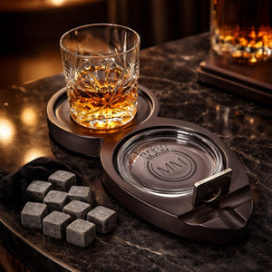 Mikamax whisky cigar tray - houten tray met glas, opgeborgen sigaar knipper en whisky stones