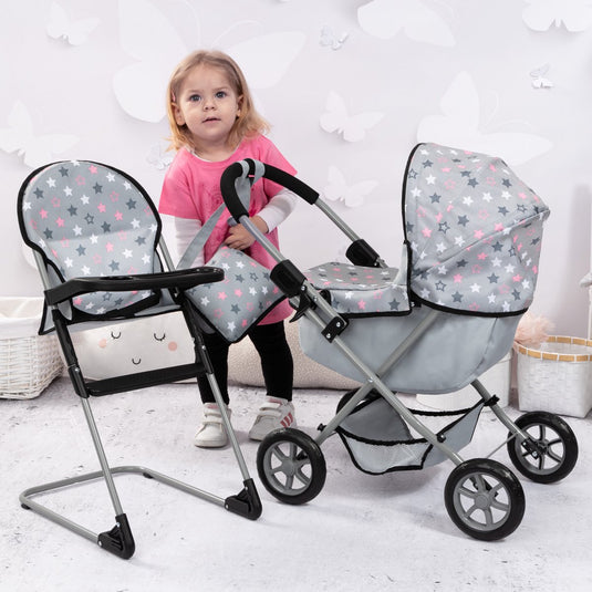 Bayer design cosy poppenwagen set, opvouwbaar, zachte handgreep, met kinderstoel, tas, grijs