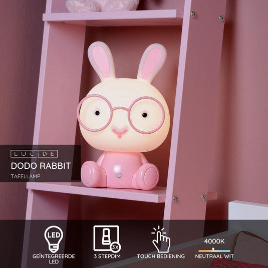 Lucide dodo rabbit - tafellamp kinderkamer - led 3 stepdim - 1x3w 4000k - roze