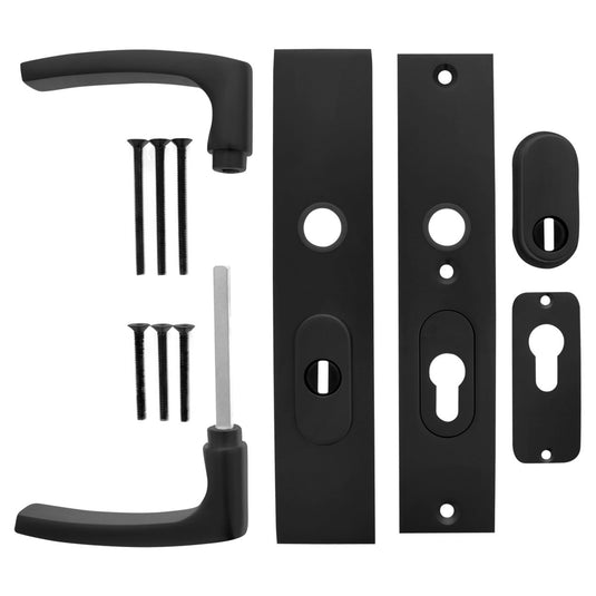 Starx deurkruk op schild - zwart - aluminium - - deurklink op skg*** met kerntrekbeveiliging 195x50mm pc55 72 zwart