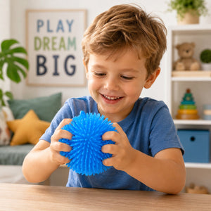 Eddy toys puffer ball - fidget stressbal van rubber materiaal - diameter 12 cm - geschikt voor jongens en meisjes van 3 tot 8 jaar - kleuren roze, blauw en geel - 2 jaar fabrieksgarantie