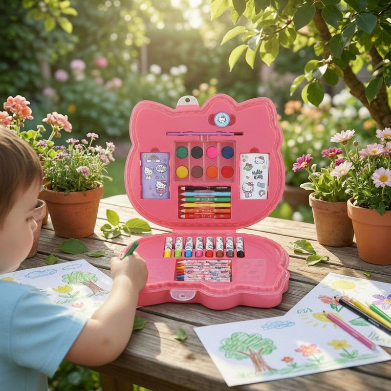 Afbeelding laden in galerijviewer, Merkloos sans marque no brand hello kitty tekenkoffer 35-delig - draagbare tekendoos - met stiften, kleurpotloden, waskrijt en verf - compleet hobbypakket voor kinderen - afmetingen 28x24x3,5cm - kleur roze
