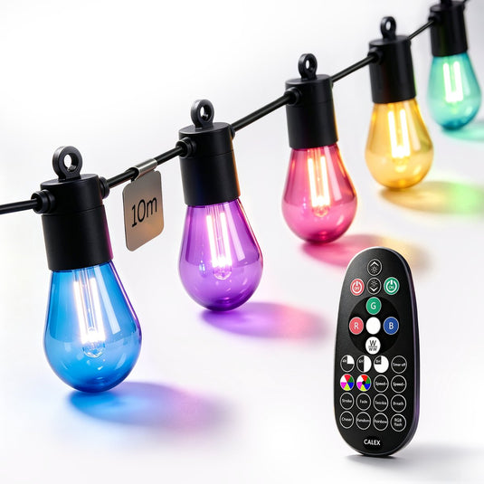 Calex vista lichtsnoer 10m - voor buiten - lichtslinger met 10 lampjes - warm wit en gekleurd licht - tuinverlichting - uitbreidbaar - koppelbaar - te gebruiken als kerstverlichting