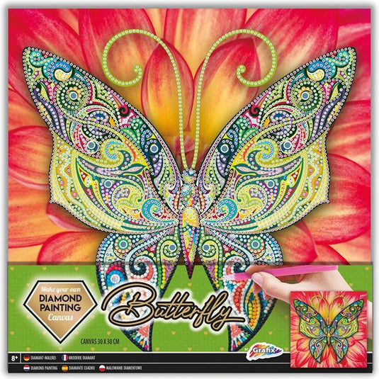 Grafix diamond painting op canvas | vlinder | formaat 30x30cm | diamond painting pakket volledig | thema dieren | diamond painting op canvas | inclusief diamond painting pen en schudbakje | eindresultaat ophangen aan de muur
