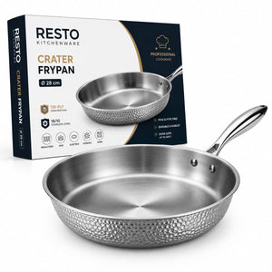 Resto crater koekenpan 28 cm – tri-ply rvs koekpan – inductie geschikt – professionele frypan – pfluon anti-aanbaklaag – ovenbestendig