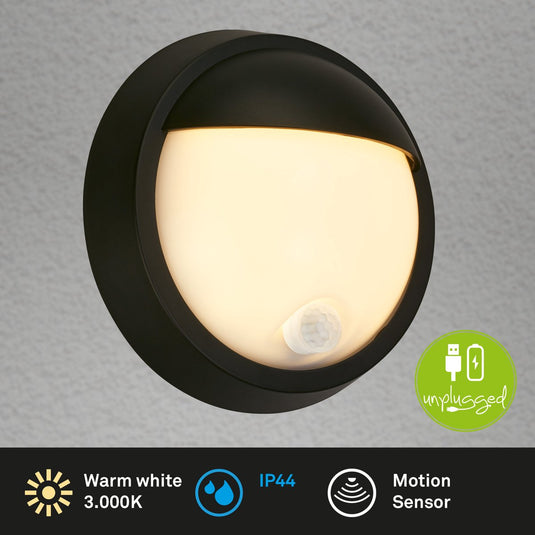 Briloner - wandlamp buiten - buitenverliting - lampe d'extérieur - met bewegingssensor - oplaadbare batterij - usb - ø17 x 7 cm - zwart