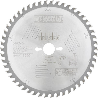 Dewalt cirkelzaagblad voor hpl | extreme | ø 250mm asgat 30mm 50t - dt4345-qz
