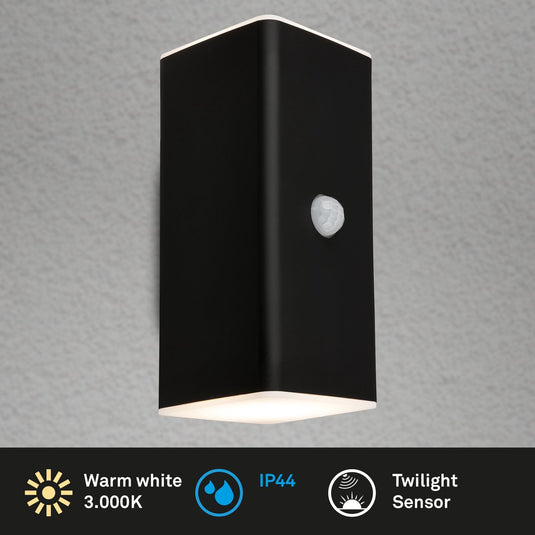 Briloner kona - wandlamp - bewegingsmelder - schemersensor - oplaadbare batterij - usb opladen - spatwater bescherming - 15,5 x 6,5 x 8,5 cm - zwart