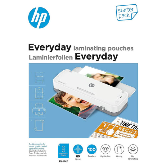 Hp 9158 everyday lamineerfolies starter set - lamineerhoezen voor warm lamineren - din a4, din a5, din a6, visitekaartjes - transparant - 80 micron - 100 stuks