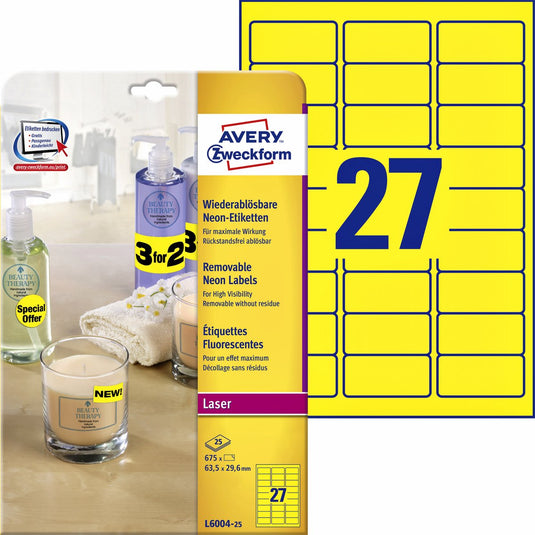 Merkloos sans marque etiketten avery 63,5x29,6 geel pak 675 stuks