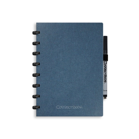 Correctbook a5 uitwisbaar notitieboek – linnen hardcover – herbruikbaar schrift – steel blue – gelinieerd – inclusief pen wisdoekje – aanvulbaar met extra pagina’s