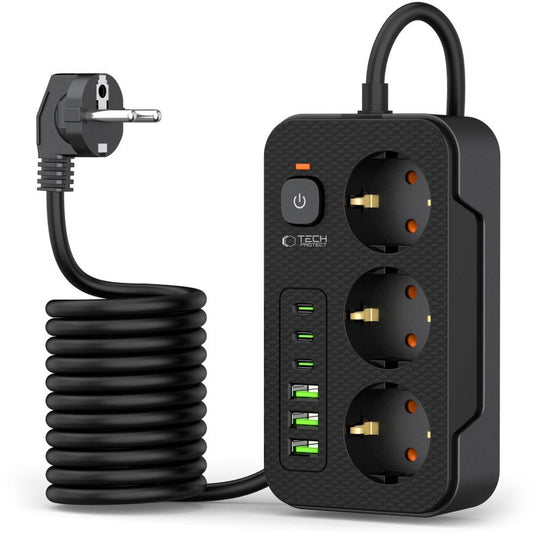 Tech-protect - stekkerdoos met 3 usb c en 3 usb a - aan uit schakelaar - 3 stopcontacten - zwart
