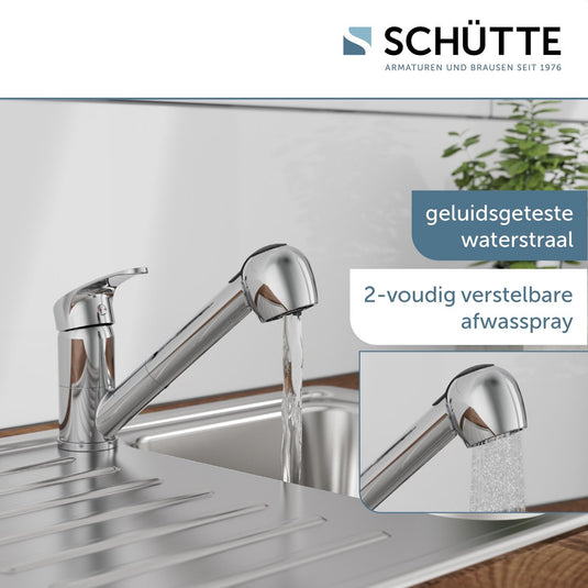 Schütte diziani keukenkraan voor waterverwarmer met vrije uitloop - lage druk - mengkraan - lage, draaibare uitloop - uittrekbare sproeier - 2 standen - chroom