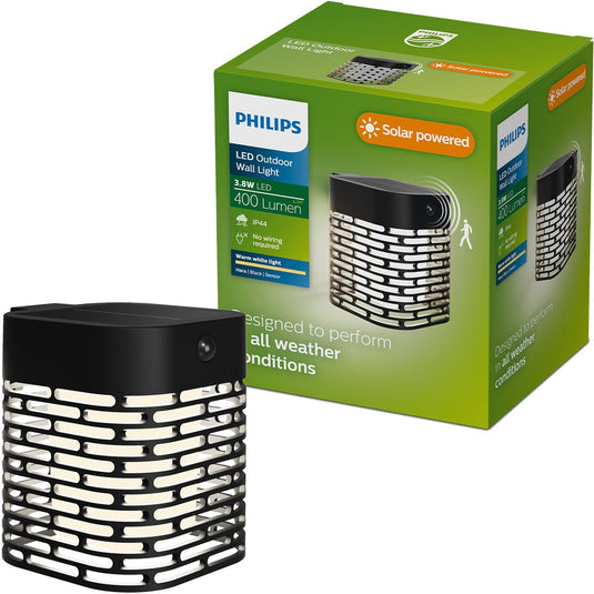 Philips led philips hara solar wandlamp - zonne-energie - warmwit licht: 2700k - zwart - twee lichtstanden - schemersensor - bewegingssensor - ip44: weerbestendig - solar buitenverlichting