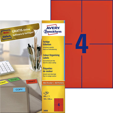Avery gekleurde etiketten, rood, 105,0 x 148,0 mm, permanent klevend
