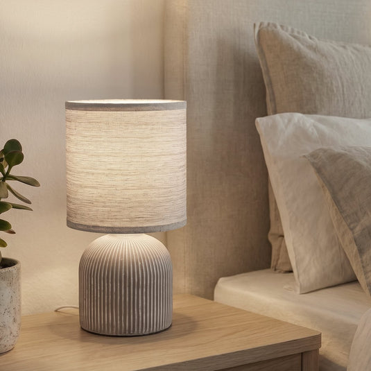 Briloner ino - tafellamp slaapkamer - met stoffen kap keramiek voet - bedlamp - tafellampje - ø15cm x 28 cm - bruin